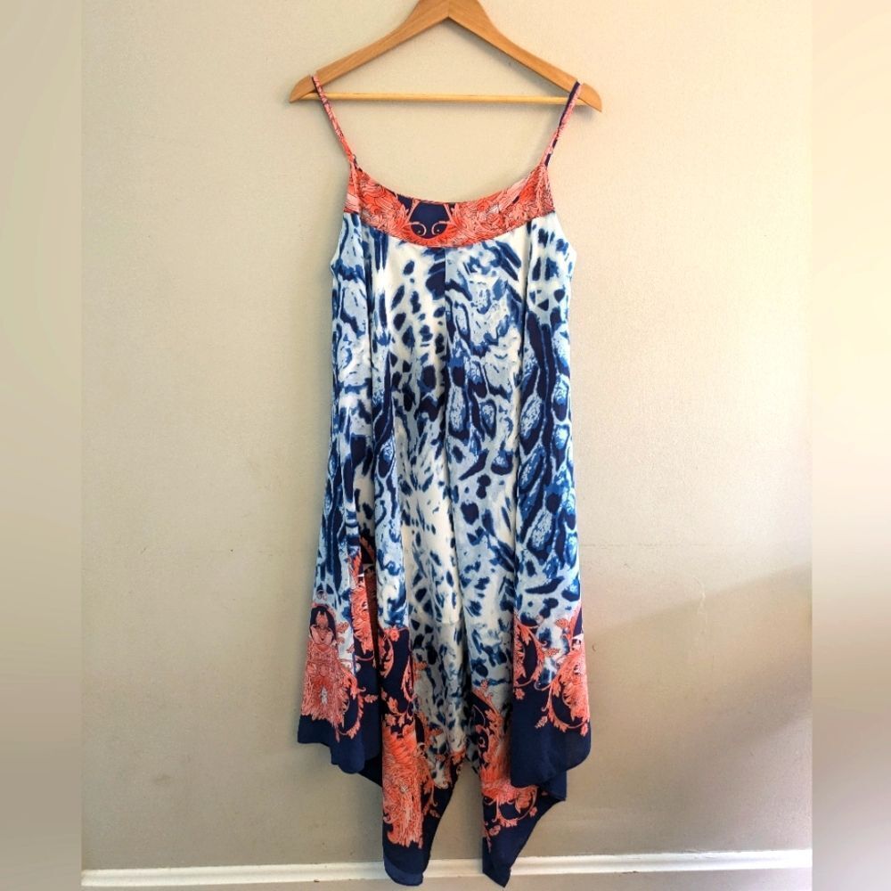 Boston Proper Blue Leopard Print Handkerchief Hem Maxi Dress Size 14